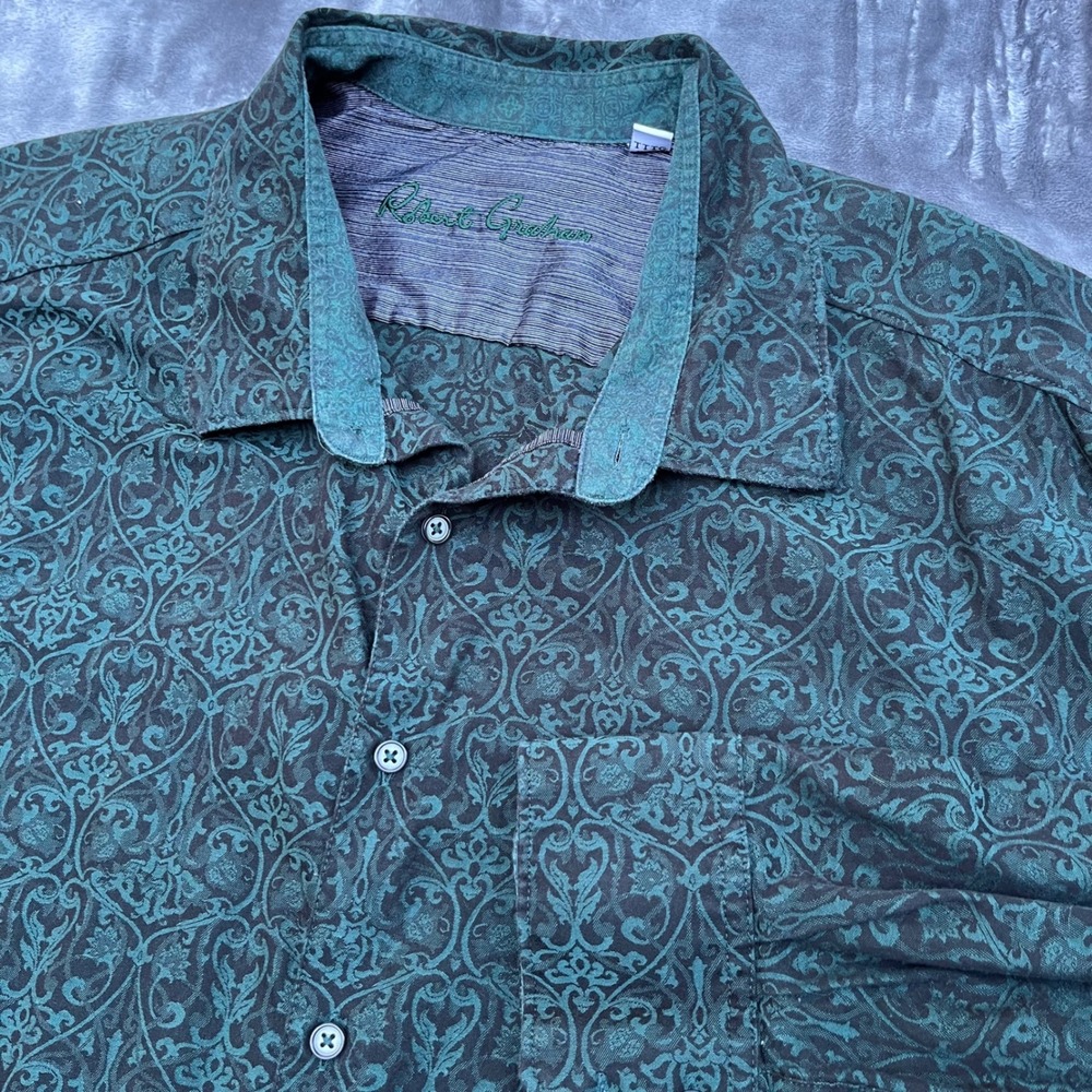 Robert Graham Teal Black Damask Paisley Jacquard Shirt 3XL Knowledge Truth